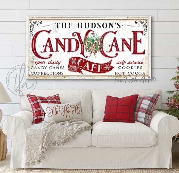 Candy Cane Café Personalized Sign Candy Canes Confections Cookies Hot Cooca handmade by ToeFishArt. Original, custom, personalized wall decor signs. Canvas, Wood or Metal. Rustic modern farmhouse, cottagecore, vintage, retro, industrial, Americana, primitive, country, coastal, minimalist.