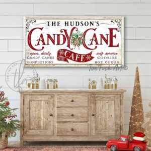 Candy Cane Café Personalized Sign Candy Canes Confections Cookies Hot Cooca handmade by ToeFishArt. Original, custom, personalized wall decor signs. Canvas, Wood or Metal. Rustic modern farmhouse, cottagecore, vintage, retro, industrial, Americana, primitive, country, coastal, minimalist.