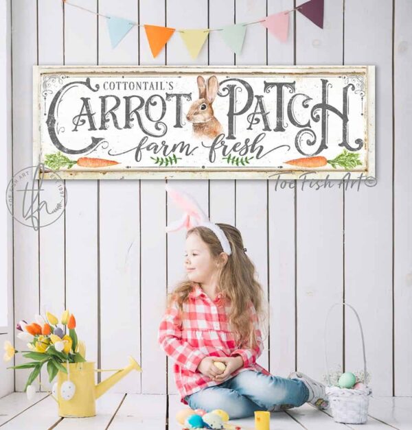 Carrot Patch Sign handmade by ToeFishArt. Original, custom, personalized wall decor signs. Canvas, Wood or Metal. Rustic modern farmhouse, cottagecore, vintage, retro, industrial, Americana, primitive, country, coastal, minimalist.