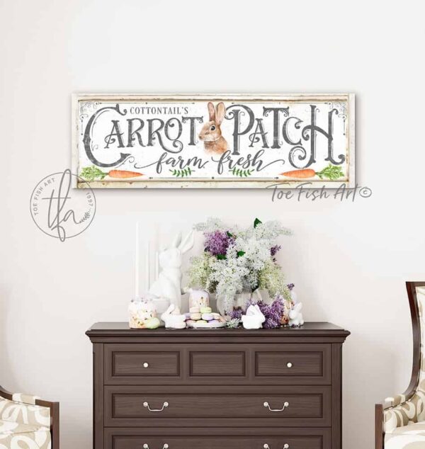 Carrot Patch Sign handmade by ToeFishArt. Original, custom, personalized wall decor signs. Canvas, Wood or Metal. Rustic modern farmhouse, cottagecore, vintage, retro, industrial, Americana, primitive, country, coastal, minimalist.