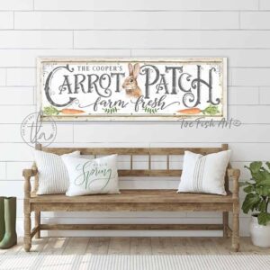 Carrot Patch Sign handmade by ToeFishArt. Original, custom, personalized wall decor signs. Canvas, Wood or Metal. Rustic modern farmhouse, cottagecore, vintage, retro, industrial, Americana, primitive, country, coastal, minimalist.