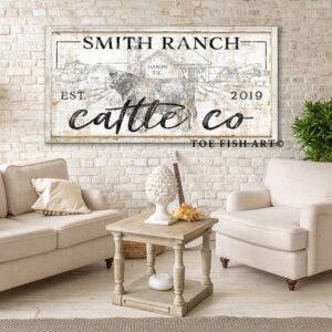 Cattle Co Sign handmade by ToeFishArt. Original, custom, personalized wall decor signs. Canvas, Wood or Metal. Rustic modern farmhouse, cottagecore, vintage, retro, industrial, Americana, primitive, country, coastal, minimalist.