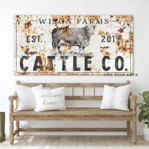 Cattle Co. Sign handmade by ToeFishArt. Original, custom, personalized wall decor signs. Canvas, Wood or Metal. Rustic modern farmhouse, cottagecore, vintage, retro, industrial, Americana, primitive, country, coastal, minimalist.