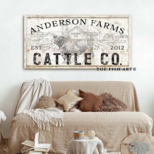 Cattle Co. Sign handmade by ToeFishArt. Original, custom, personalized wall decor signs. Canvas, Wood or Metal. Rustic modern farmhouse, cottagecore, vintage, retro, industrial, Americana, primitive, country, coastal, minimalist.