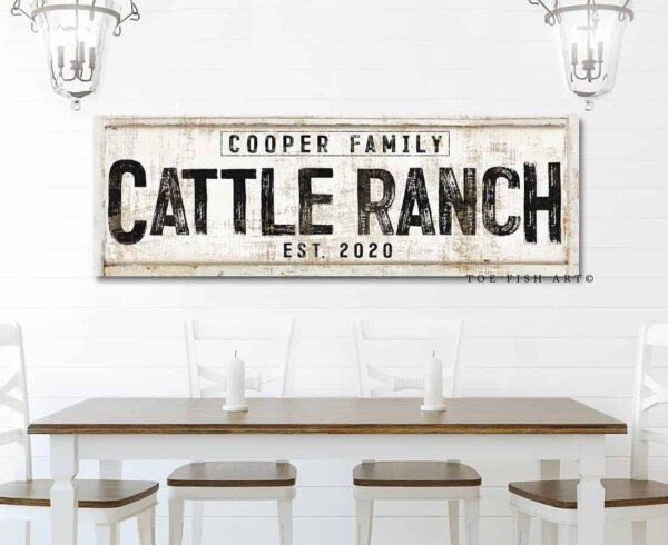 Cattle Farm Sign handmade by ToeFishArt. Original, custom, personalized wall decor signs. Canvas, Wood or Metal. Rustic modern farmhouse, cottagecore, vintage, retro, industrial, Americana, primitive, country, coastal, minimalist.