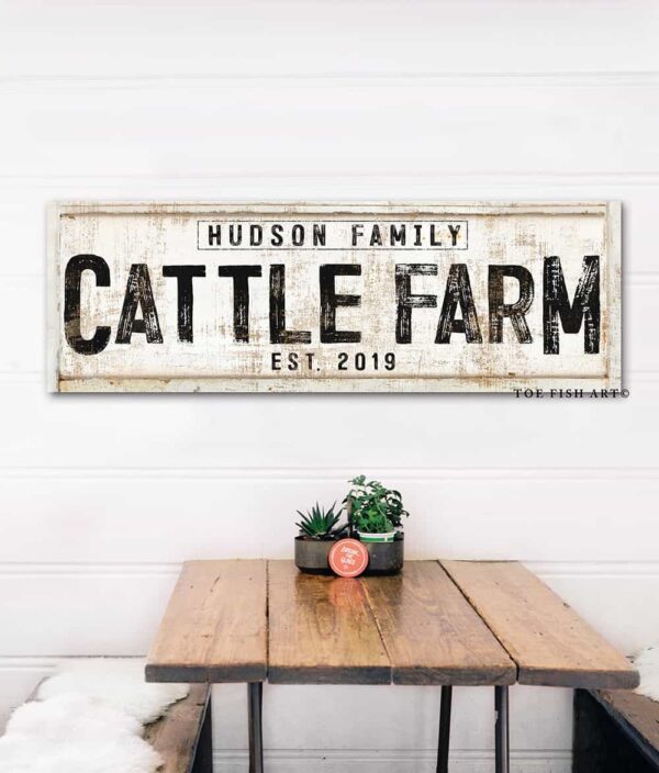 Cattle Farm Sign handmade by ToeFishArt. Original, custom, personalized wall decor signs. Canvas, Wood or Metal. Rustic modern farmhouse, cottagecore, vintage, retro, industrial, Americana, primitive, country, coastal, minimalist.