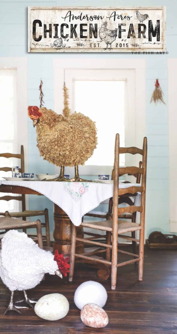 Chicken Farm Sign handmade by ToeFishArt. Original, custom, personalized wall decor signs. Canvas, Wood or Metal. Rustic modern farmhouse, cottagecore, vintage, retro, industrial, Americana, primitive, country, coastal, minimalist.