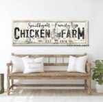 Chicken Farm Sign handmade by ToeFishArt. Original, custom, personalized wall decor signs. Canvas, Wood or Metal. Rustic modern farmhouse, cottagecore, vintage, retro, industrial, Americana, primitive, country, coastal, minimalist.