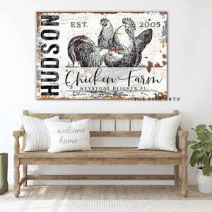 Chicken Farm Sign handmade by ToeFishArt. Original, custom, personalized wall decor signs. Canvas, Wood or Metal. Rustic modern farmhouse, cottagecore, vintage, retro, industrial, Americana, primitive, country, coastal, minimalist.