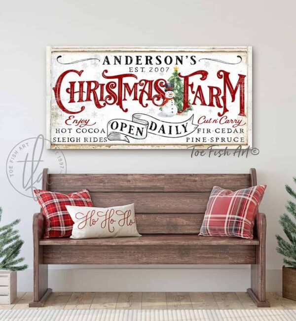 Christmas Farm Open Daily Personalized Sign handmade by ToeFishArt. Original, custom, personalized wall decor signs. Canvas, Wood or Metal. Rustic modern farmhouse, cottagecore, vintage, retro, industrial, Americana, primitive, country, coastal, minimalist.
