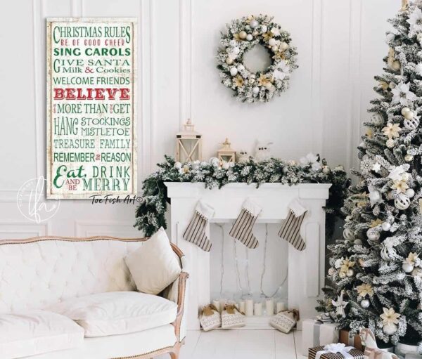 Christmas Rules Sign handmade by ToeFishArt. Original, custom, personalized wall decor signs. Canvas, Wood or Metal. Rustic modern farmhouse, cottagecore, vintage, retro, industrial, Americana, primitive, country, coastal, minimalist.