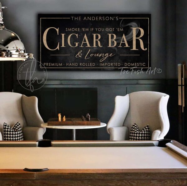 Cigar Bar & Lounge Premium Hand Rolled Imported Domestic Personalized Sign handmade by ToeFishArt. Original, custom, personalized wall decor signs. Canvas, Wood or Metal. Rustic modern farmhouse, cottagecore, vintage, retro, industrial, Americana, primitive, country, coastal, minimalist.