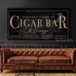 Cigar Bar & Lounge Premium Hand Rolled Imported Domestic Personalized Sign handmade by ToeFishArt. Original, custom, personalized wall decor signs. Canvas, Wood or Metal. Rustic modern farmhouse, cottagecore, vintage, retro, industrial, Americana, primitive, country, coastal, minimalist.