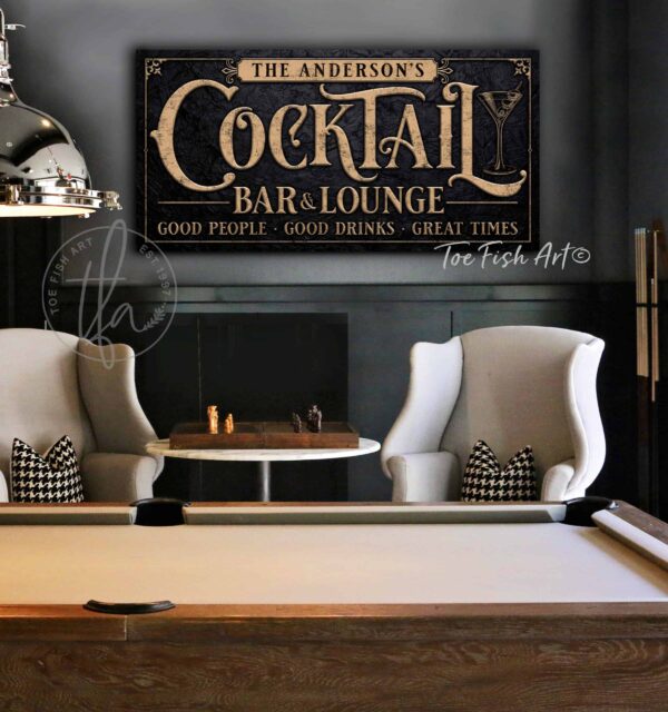 Cocktail Bar & Lounge Sign handmade by ToeFishArt. Original, custom, personalized wall decor signs. Canvas, Wood or Metal. Rustic modern farmhouse, cottagecore, vintage, retro, industrial, Americana, primitive, country, coastal, minimalist.