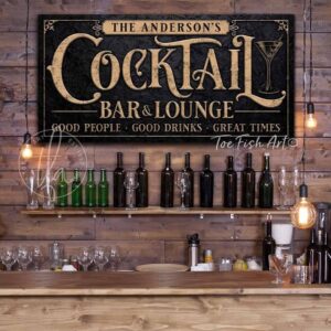 Cocktail Bar & Lounge Sign handmade by ToeFishArt. Original, custom, personalized wall decor signs. Canvas, Wood or Metal. Rustic modern farmhouse, cottagecore, vintage, retro, industrial, Americana, primitive, country, coastal, minimalist.