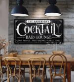 Cocktail Bar & Lounge Sign handmade by ToeFishArt. Original, custom, personalized wall decor signs. Canvas, Wood or Metal. Rustic modern farmhouse, cottagecore, vintage, retro, industrial, Americana, primitive, country, coastal, minimalist.