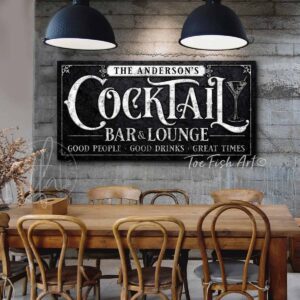 Cocktail Bar & Lounge Sign handmade by ToeFishArt. Original, custom, personalized wall decor signs. Canvas, Wood or Metal. Rustic modern farmhouse, cottagecore, vintage, retro, industrial, Americana, primitive, country, coastal, minimalist.