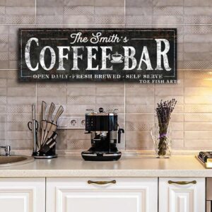Coffee Bar Sign handmade by ToeFishArt. Original, custom, personalized wall decor signs. Canvas, Wood or Metal. Rustic modern farmhouse, cottagecore, vintage, retro, industrial, Americana, primitive, country, coastal, minimalist.