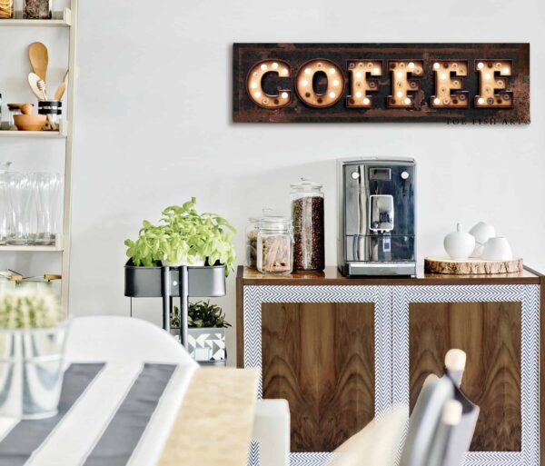 Coffee "Marquee"-style Sign handmade by ToeFishArt. Original, custom, personalized wall decor signs. Canvas, Wood or Metal. Rustic modern farmhouse, cottagecore, vintage, retro, industrial, Americana, primitive, country, coastal, minimalist.