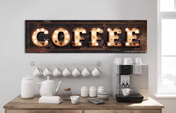 Coffee "Marquee"-style Sign handmade by ToeFishArt. Original, custom, personalized wall decor signs. Canvas, Wood or Metal. Rustic modern farmhouse, cottagecore, vintage, retro, industrial, Americana, primitive, country, coastal, minimalist.