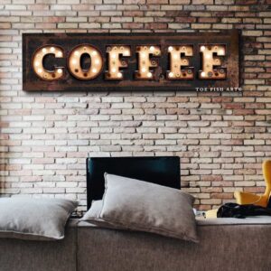 Coffee "Marquee"-style Sign handmade by ToeFishArt. Original, custom, personalized wall decor signs. Canvas, Wood or Metal. Rustic modern farmhouse, cottagecore, vintage, retro, industrial, Americana, primitive, country, coastal, minimalist.