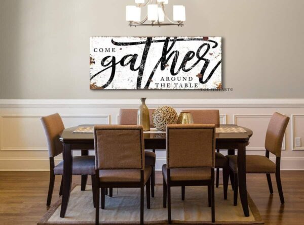 Come Gather Around the Table Sign handmade by ToeFishArt. Original, custom, personalized wall decor signs. Canvas, Wood or Metal. Rustic modern farmhouse, cottagecore, vintage, retro, industrial, Americana, primitive, country, coastal, minimalist.