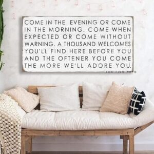 Come In the Evening Or Come In The Morning Sign handmade by ToeFishArt. Original, custom, personalized wall decor signs. Canvas, Wood or Metal. Rustic modern farmhouse, cottagecore, vintage, retro, industrial, Americana, primitive, country, coastal, minimalist.