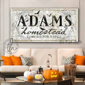 Come Sit For A Spell Sign handmade by ToeFishArt. Original, custom, personalized wall decor signs. Canvas, Wood or Metal. Rustic modern farmhouse, cottagecore, vintage, retro, industrial, Americana, primitive, country, coastal, minimalist.