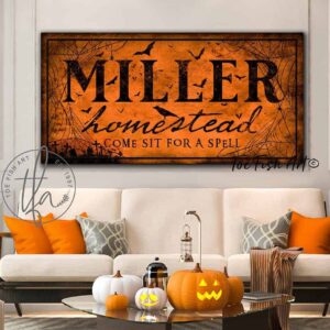 Come Sit For A Spell Sign handmade by ToeFishArt. Original, custom, personalized wall decor signs. Canvas, Wood or Metal. Rustic modern farmhouse, cottagecore, vintage, retro, industrial, Americana, primitive, country, coastal, minimalist.