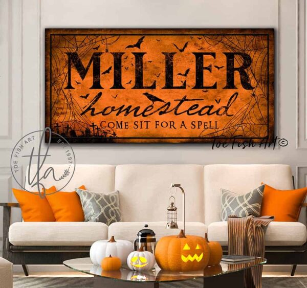 Come Sit For A Spell Sign handmade by ToeFishArt. Original, custom, personalized wall decor signs. Canvas, Wood or Metal. Rustic modern farmhouse, cottagecore, vintage, retro, industrial, Americana, primitive, country, coastal, minimalist.