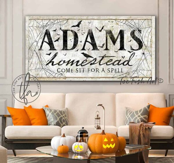 Come Sit For A Spell Sign handmade by ToeFishArt. Original, custom, personalized wall decor signs. Canvas, Wood or Metal. Rustic modern farmhouse, cottagecore, vintage, retro, industrial, Americana, primitive, country, coastal, minimalist.