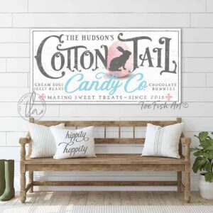 Cottontail Candy Co. Sign handmade by ToeFishArt. Original, custom, personalized wall decor signs. Canvas, Wood or Metal. Rustic modern farmhouse, cottagecore, vintage, retro, industrial, Americana, primitive, country, coastal, minimalist.
