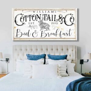 Cottontail & Co. Bed & Breakfast Sign handmade by ToeFishArt. Original, custom, personalized wall decor signs. Canvas, Wood or Metal. Rustic modern farmhouse, cottagecore, vintage, retro, industrial, Americana, primitive, country, coastal, minimalist.