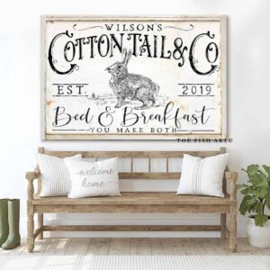 Cottontail & Co. Sign handmade by ToeFishArt. Original, custom, personalized wall decor signs. Canvas, Wood or Metal. Rustic modern farmhouse, cottagecore, vintage, retro, industrial, Americana, primitive, country, coastal, minimalist.