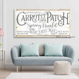 Cottontail's Carrot Patch Sign handmade by ToeFishArt. Original, custom, personalized wall decor signs. Canvas, Wood or Metal. Rustic modern farmhouse, cottagecore, vintage, retro, industrial, Americana, primitive, country, coastal, minimalist.