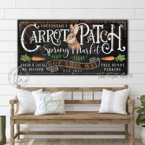 Cottontail's Carrot Patch Sign handmade by ToeFishArt. Original, custom, personalized wall decor signs. Canvas, Wood or Metal. Rustic modern farmhouse, cottagecore, vintage, retro, industrial, Americana, primitive, country, coastal, minimalist.