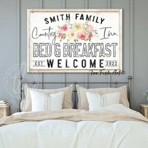 Country Inn Bed & Breakfast Sign handmade by ToeFishArt. Original, custom, personalized wall decor signs. Canvas, Wood or Metal. Rustic modern farmhouse, cottagecore, vintage, retro, industrial, Americana, primitive, country, coastal, minimalist.