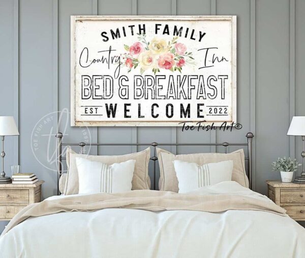 Country Inn Bed & Breakfast Sign handmade by ToeFishArt. Original, custom, personalized wall decor signs. Canvas, Wood or Metal. Rustic modern farmhouse, cottagecore, vintage, retro, industrial, Americana, primitive, country, coastal, minimalist.