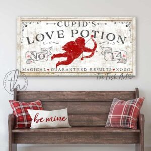 Cupid's Love Potion Sign handmade by ToeFishArt. Original, custom, personalized wall decor signs. Canvas, Wood or Metal. Rustic modern farmhouse, cottagecore, vintage, retro, industrial, Americana, primitive, country, coastal, minimalist.