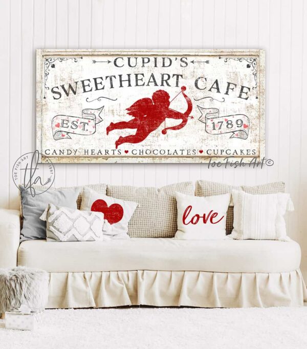 Cupid's Sweetheart Café Sign handmade by ToeFishArt. Original, custom, personalized wall decor signs. Canvas, Wood or Metal. Rustic modern farmhouse, cottagecore, vintage, retro, industrial, Americana, primitive, country, coastal, minimalist.