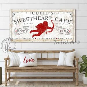 Cupid's Sweetheart Café Sign handmade by ToeFishArt. Original, custom, personalized wall decor signs. Canvas, Wood or Metal. Rustic modern farmhouse, cottagecore, vintage, retro, industrial, Americana, primitive, country, coastal, minimalist.