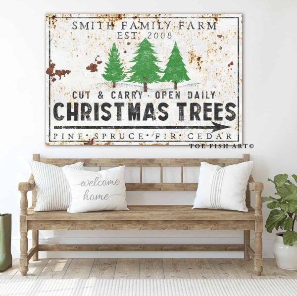 Cut & Carry Christmas Trees Sign handmade by ToeFishArt. Original, custom, personalized wall decor signs. Canvas, Wood or Metal. Rustic modern farmhouse, cottagecore, vintage, retro, industrial, Americana, primitive, country, coastal, minimalist.
