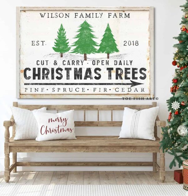 Cut & Carry Christmas Trees Sign handmade by ToeFishArt. Original, custom, personalized wall decor signs. Canvas, Wood or Metal. Rustic modern farmhouse, cottagecore, vintage, retro, industrial, Americana, primitive, country, coastal, minimalist.
