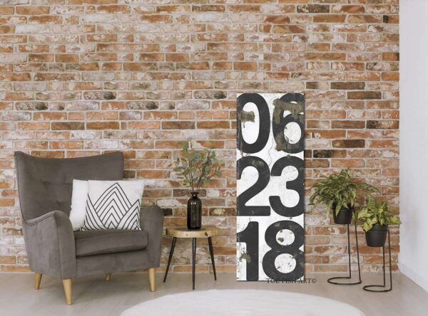 Date Sign handmade by ToeFishArt. Original, custom, personalized wall decor signs. Canvas, Wood or Metal. Rustic modern farmhouse, cottagecore, vintage, retro, industrial, Americana, primitive, country, coastal, minimalist.
