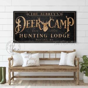 Deer Camp Hunting Lodge Sign handmade by ToeFishArt. Original, custom, personalized wall decor signs. Canvas, Wood or Metal. Rustic modern farmhouse, cottagecore, vintage, retro, industrial, Americana, primitive, country, coastal, minimalist.