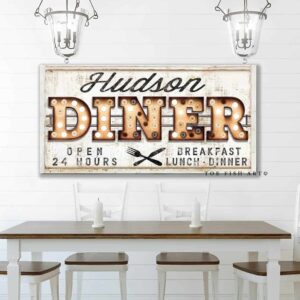 Diner "Marquee"-style Sign handmade by ToeFishArt. Original, custom, personalized wall decor signs. Canvas, Wood or Metal. Rustic modern farmhouse, cottagecore, vintage, retro, industrial, Americana, primitive, country, coastal, minimalist.