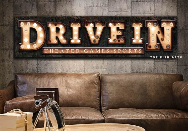 Drive In "Marquee"-Style Sign for Home Movie Theater Room handmade by ToeFishArt. Original, custom, personalized wall decor signs. Canvas, Wood or Metal. Rustic modern farmhouse, cottagecore, vintage, retro, industrial, Americana, primitive, country, coastal, minimalist.