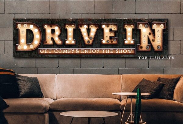 Drive In "Marquee"-Style Sign for Home Movie Theater Room handmade by ToeFishArt. Original, custom, personalized wall decor signs. Canvas, Wood or Metal. Rustic modern farmhouse, cottagecore, vintage, retro, industrial, Americana, primitive, country, coastal, minimalist.