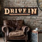 Drive In "Marquee"-Style Sign for Home Movie Theater Room handmade by ToeFishArt. Original, custom, personalized wall decor signs. Canvas, Wood or Metal. Rustic modern farmhouse, cottagecore, vintage, retro, industrial, Americana, primitive, country, coastal, minimalist.