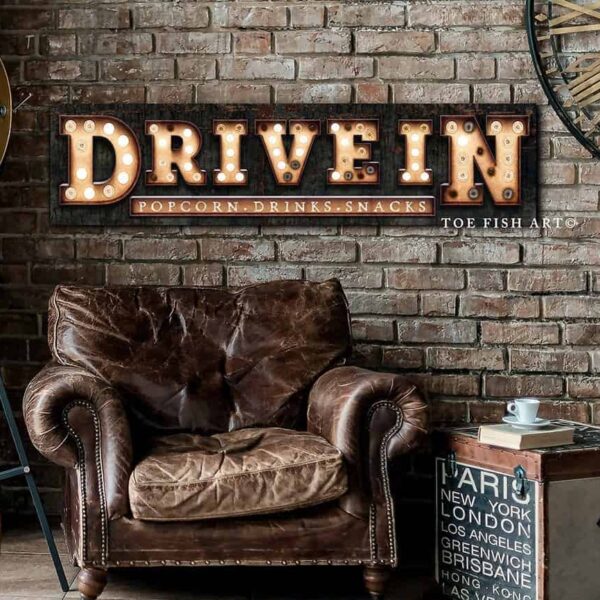 Drive In "Marquee"-Style Sign for Home Movie Theater Room handmade by ToeFishArt. Original, custom, personalized wall decor signs. Canvas, Wood or Metal. Rustic modern farmhouse, cottagecore, vintage, retro, industrial, Americana, primitive, country, coastal, minimalist.